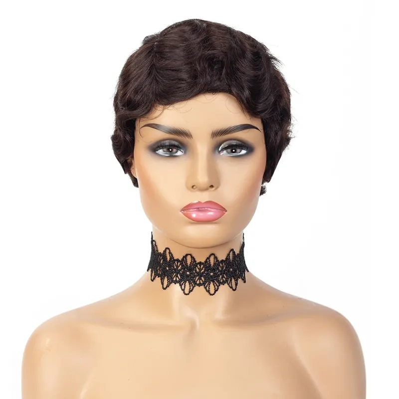 Kurze Perücken Echthaarperücken für Frauen Pixie Cut Finger Wave Echthaarperücke_voghion.com