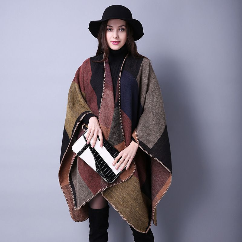 Autumn and Winter Scarves Versatile Plaid Women's Travel Shawl Cashmere Ethnic Style Split Thickened Cloak_voghion.com