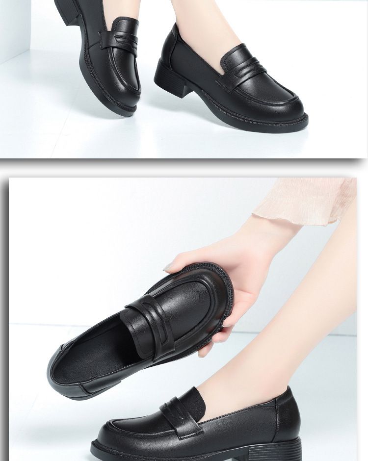 Zwarte leren loafers voor dames, platte dikke hak, comfortabele schoenen met zachte zool, grote maten damesschoenen_voghion.com