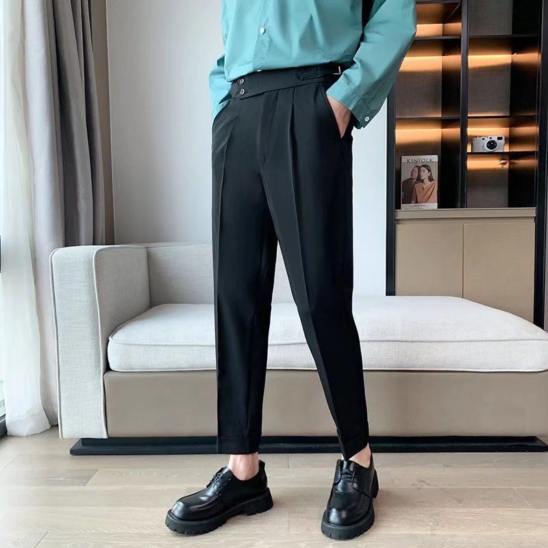 Men's Clothing Spring And Summer New Naples Men's Suit Trousers Dark Gray High Waist Slim Drape Nine Points Small Suit Trousers Men_voghion.com