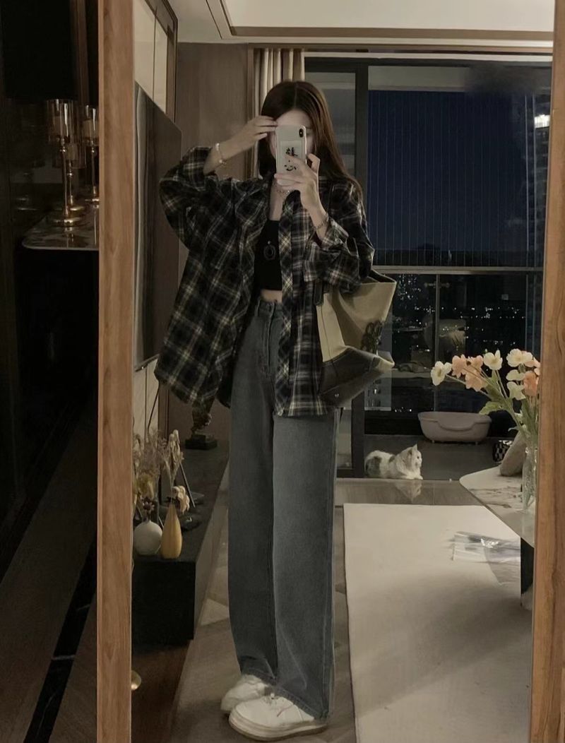 Giacca americana da donna, primavera/estate 2024, design casual a maniche lunghe, camicia a quadri in bianco e nero per donna_voghion.com