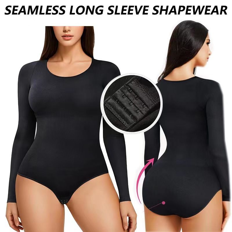 Seamless Tummy Control Bodysuit For Women – High-Waisted Shapewear With Snap Crotch & Full-Length Sleeves – Slimming Compression Underwear_voghion.com