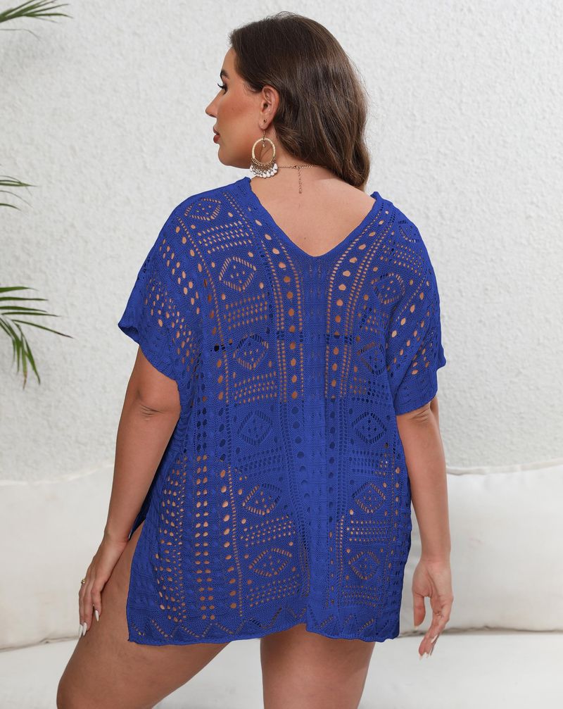 Women's bikini cover-up large size women's woven shirt hollow deep V beach dress_voghion.com