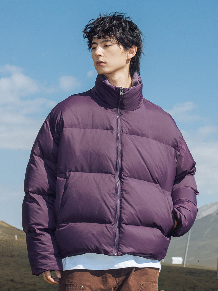 Trend hübsche Daunenjacke Männer kurze Polarfleece Stehkragen lose dicke warme weiße Entendaunen Brotmantel_voghion.com