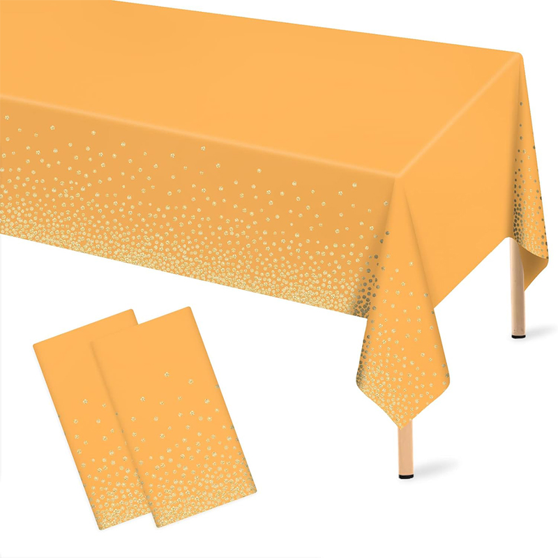 2Pcs orange tablecloths, 54×108 inches, gold dot orange tablecloths, disposable waterproof orange plastic tablecloths_voghion.com