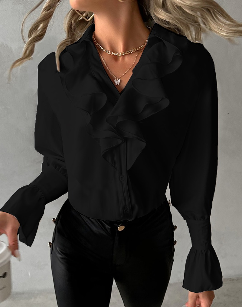 ST23297Dammebluse Einfach Bléiebliederärm Schwaarz Wäiss Giel Rüschen Laangärm Elegant V-Ausschnëtt Form Fit Hierscht_voghion.com