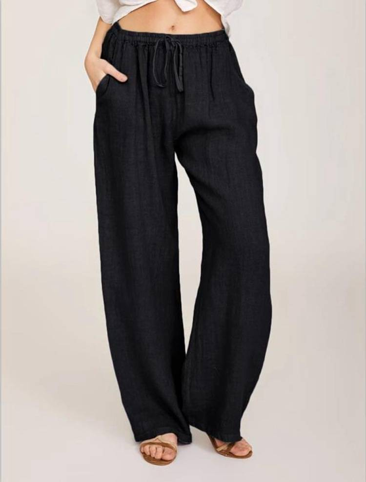 Women's Cotton Linen Pants Casual Loose Solid Elastic Waist Pocket Straight Trousers Ladies Oversize Wide Leg Pant Streetwear_voghion.com