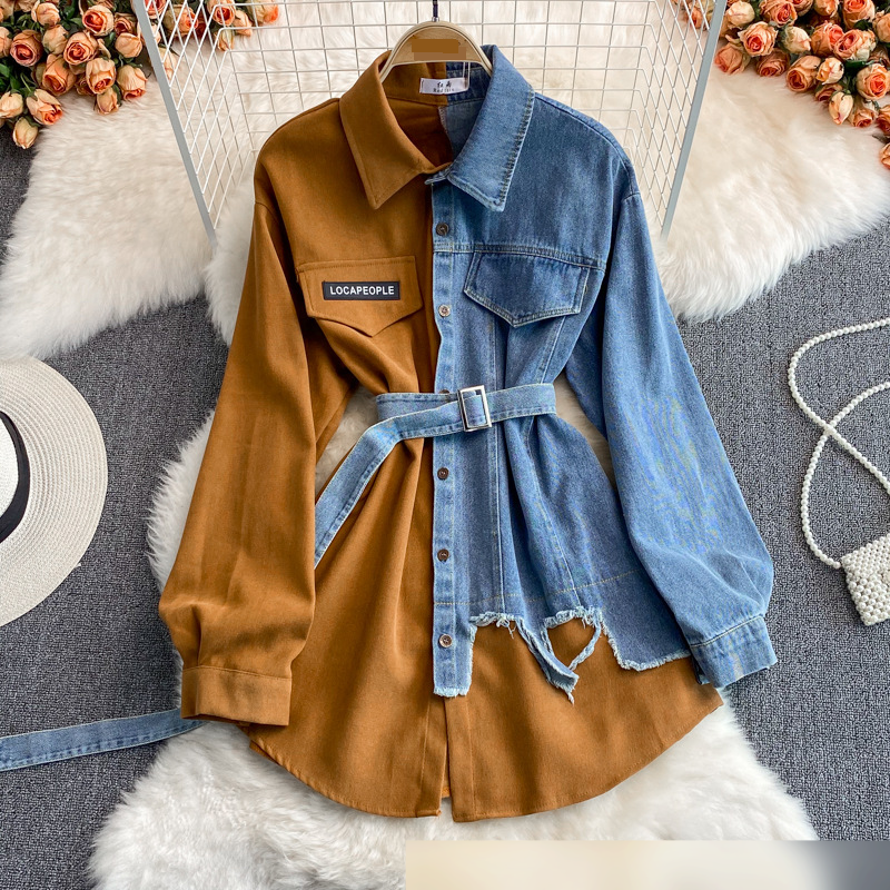 Taille Tailliert Rundhals Color Block Jeanshemd Chic Casual Mittellang_voghion.com