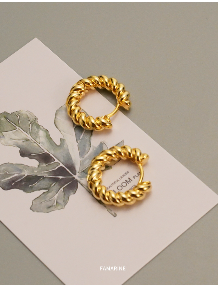Women's Jewelry 14K Real Gold Twist U Shaped Hoop Earrings Temperament Versatile Brass Earrings_voghion.com