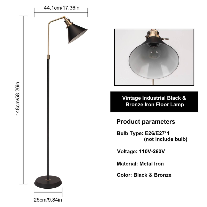 HonoDing Black Metal Floor Lamp Industrial, Vintage Floor Lamp Black And Gold Design, Simple Corner Lamp E26, 58'' Industrial Modern Lamps_voghion.com