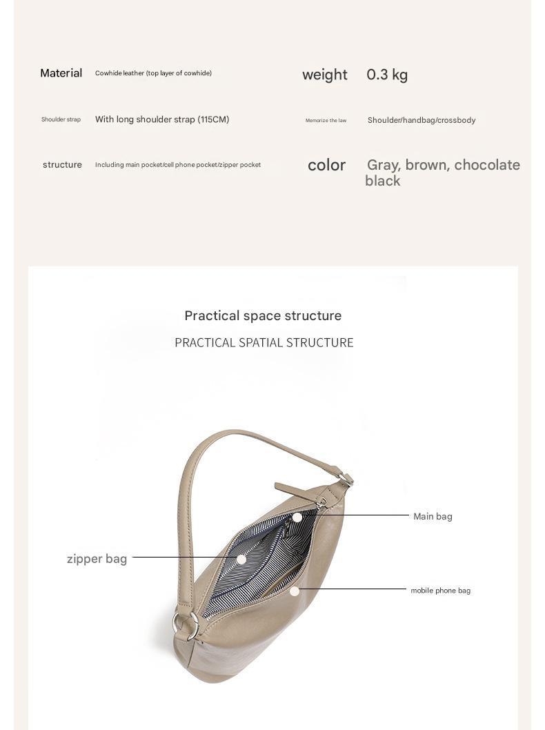 Borsa a tracolla versatile primaverile ed estiva in pelle conciata al vegetale KOSE First Layer Retro Armpit Classic Hobo Bag_voghion.com