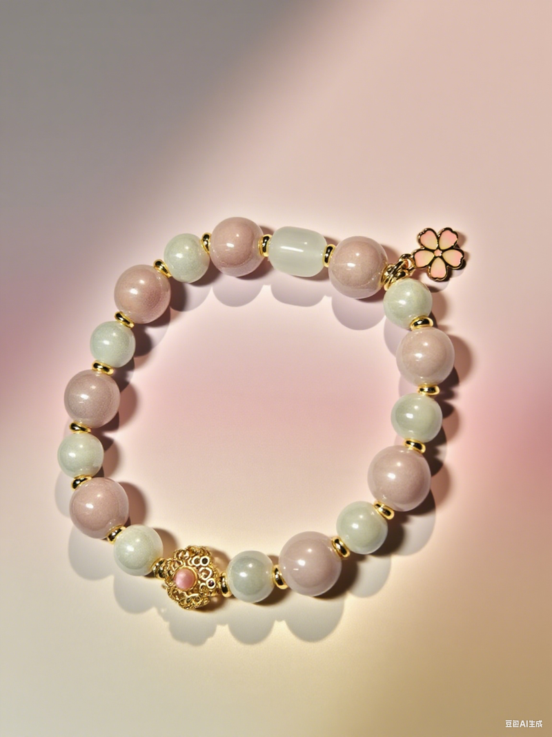 Handgefertigtes Keramikarmband aus Jingdezhen: Kunsthandwerklich gefertigt mit Perlen in zarten Pastellfarben, floralem Emaille-Anhänger und goldenen Details für alltägliche Eleganz_voghion.com