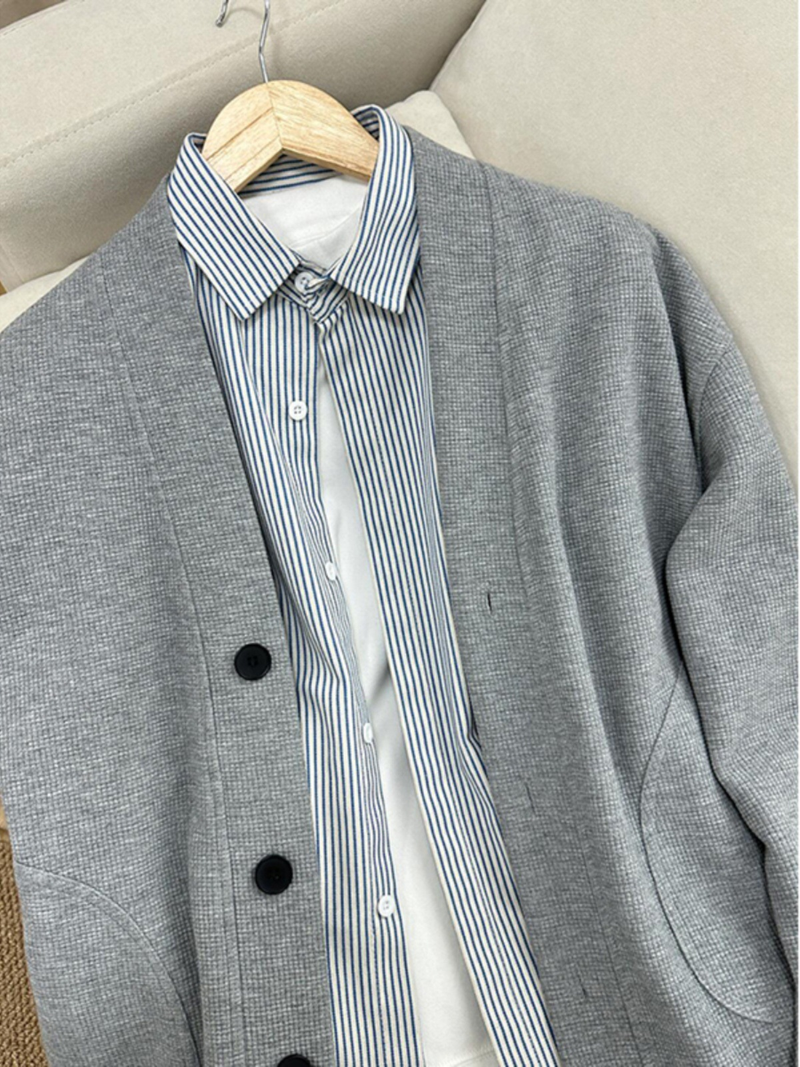 Men's Clothing Men's Waffle Knit Cardigan - Oversized V-Neck Open Front Jacket (Black/Grey, M-XXXL)_voghion.com