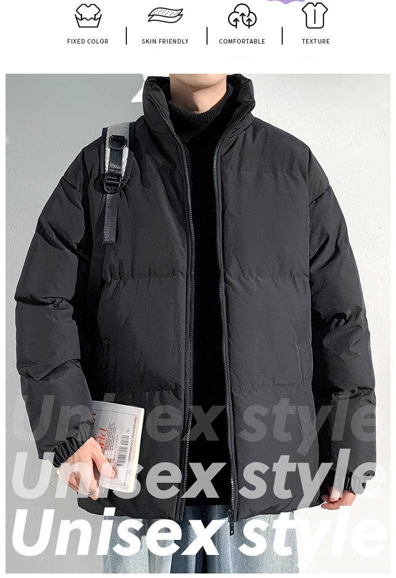 Unisex Winter Padded Jacket With Thickened Warm Polyester Filling, Stand Collar, Loose Fit, Side Pockets For Men & Women_voghion.com