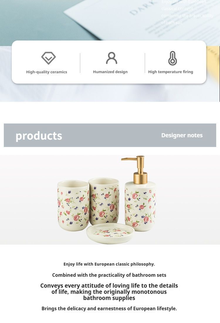 Elegante set da bagno in ceramica con dettagli in oro rosa – Organizer per lavabo da 4 pezzi (portaspazzolino, portasapone, tazza, vassoio)_voghion.com