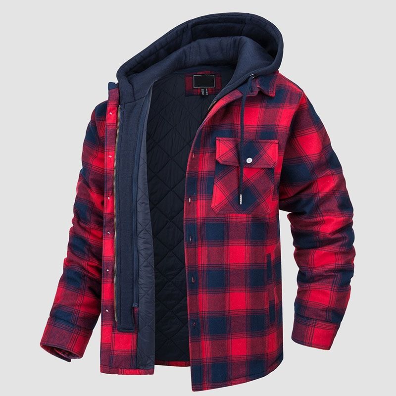 Giacca con cappuccio a quadri da uomo – Cappotto invernale spesso con poliestere traspirante, vestibilità ampia e design a quadri alla moda_voghion.com