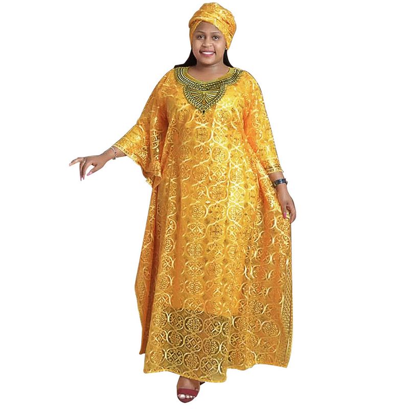 Roupas femininas bordado renda solta manga morcego vestido robe três peças colete com lenço na cabeça_voghion.com