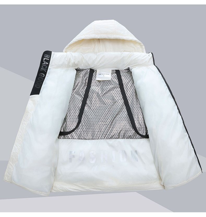 Dames zwarte goudkleurige gewatteerde jas met capuchon, korte winterjas, warme fleecevoering, losse pasvorm, dikke bovenkleding in grote maten_voghion.com