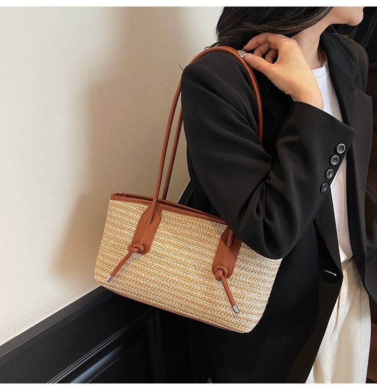 Damentaschen, Strohgewebte Tasche für Damen, Nischendesign, gewebte Tasche, große Kapazität, Pendler-Einkaufstasche, Tragetasche, Strandtasche_voghion.com
