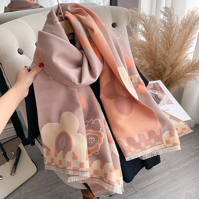 Sciarpa in cashmere in stile floreale autunno inverno, scialle stampato ispessito, nuovo versatile lungo freddo e caldo_voghion.com