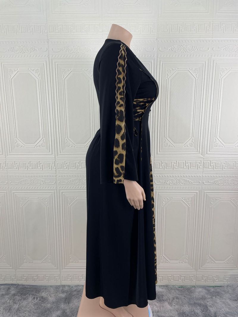 Elegante abito abaya musulmano da donna con finiture leopardate – Abito lungo a maniche lunghe e sobrio per donna, taglie forti 0XL-5XL_voghion.com