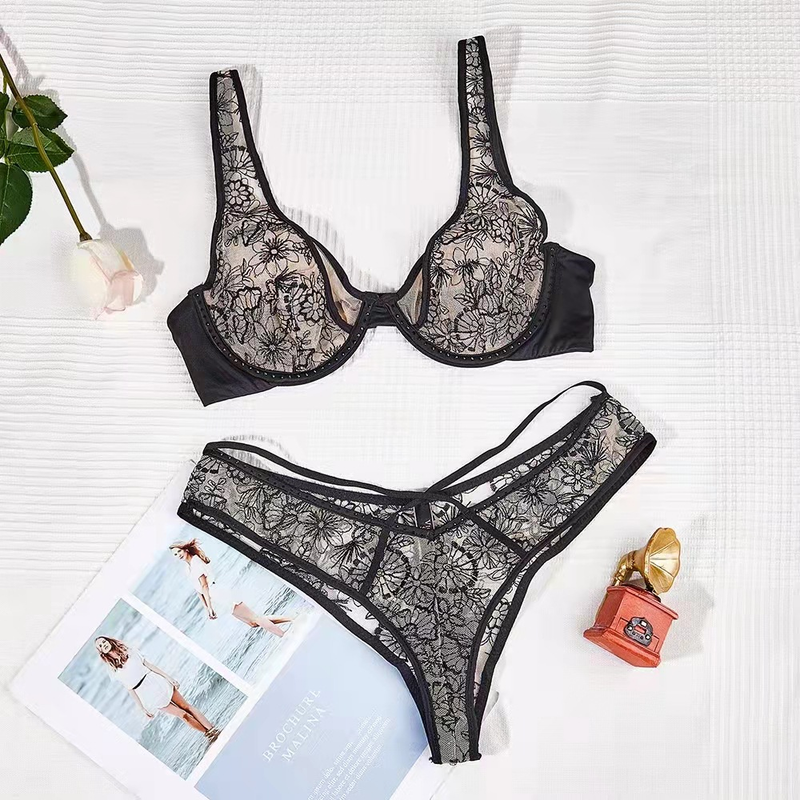 Fiore ricamato in pizzo leggero di lusso, set di reggiseni intimi piccoli, con spugna ultra sottile, sexy, di grandi dimensioni, con display sul petto_voghion.com