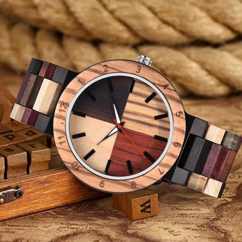 Heißer Verkauf Unisex Leuchtende Kreative Vier-Farben-Nähte Mode Quarz Holz Uhr_voghion.com