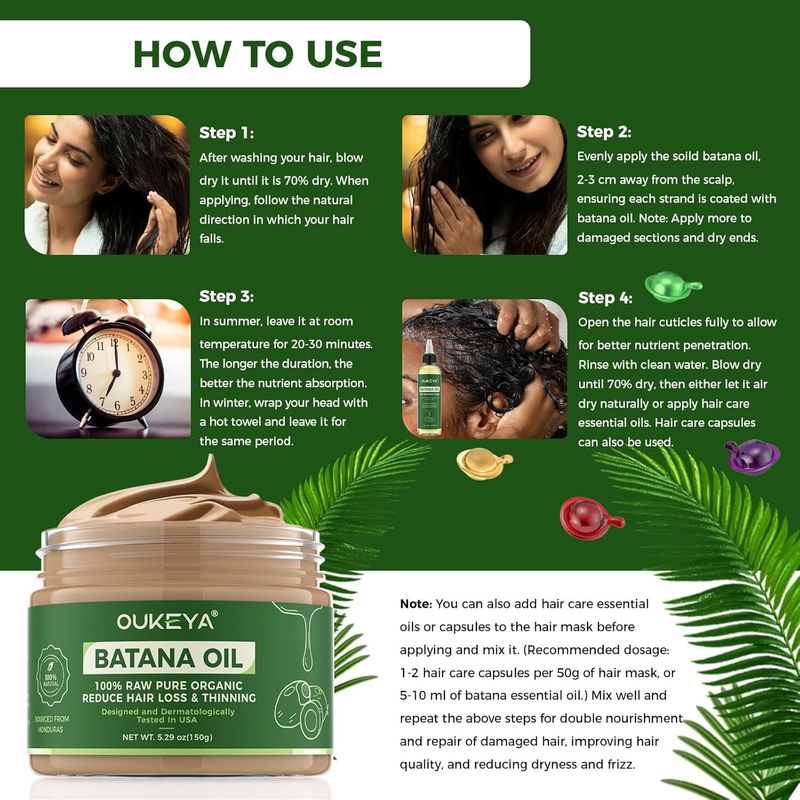 OUKEYA 100% organiczna maska do włosów z olejem z batany – głęboko odżywiająca kuracja do suchych i zniszczonych włosów – nawilżająca, zapobiegająca puszeniu się włosów_voghion.com