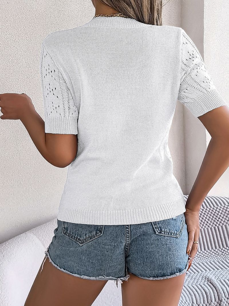 2025 Frühling Sommer Casual Solid Color Hollow Out Kurzarm Strickoberteil Urlaub Bluse Damenbekleidung_voghion.com