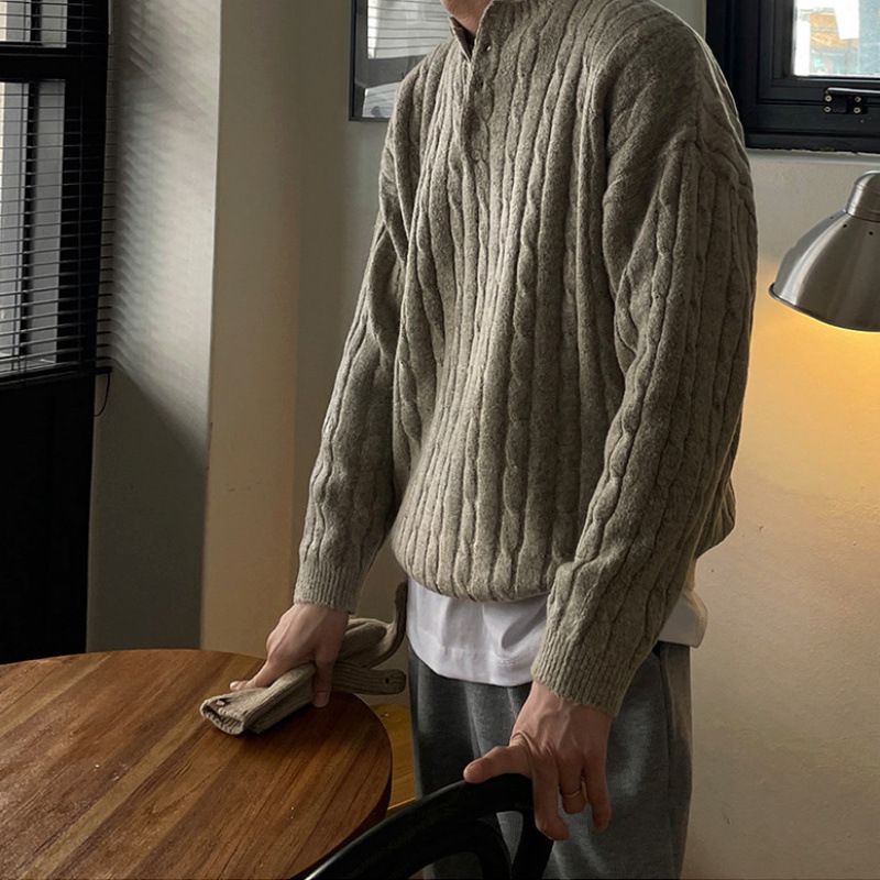 Maglione pullover in maglia a trecce con colletto Henry MYQ per uomo, invernale, caldo, stile coreano, alla moda, ampio e lavorato a maglia_voghion.com