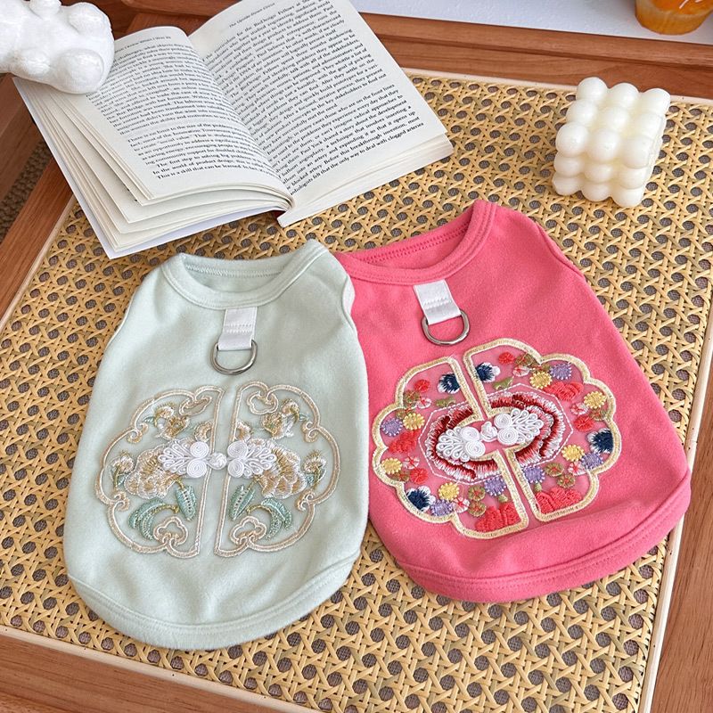 Spring Summer Pet Dog Cat Clothes Teddy Bichon New Chinese Style Plate Buckle Embroidery Leash Vest_voghion.com