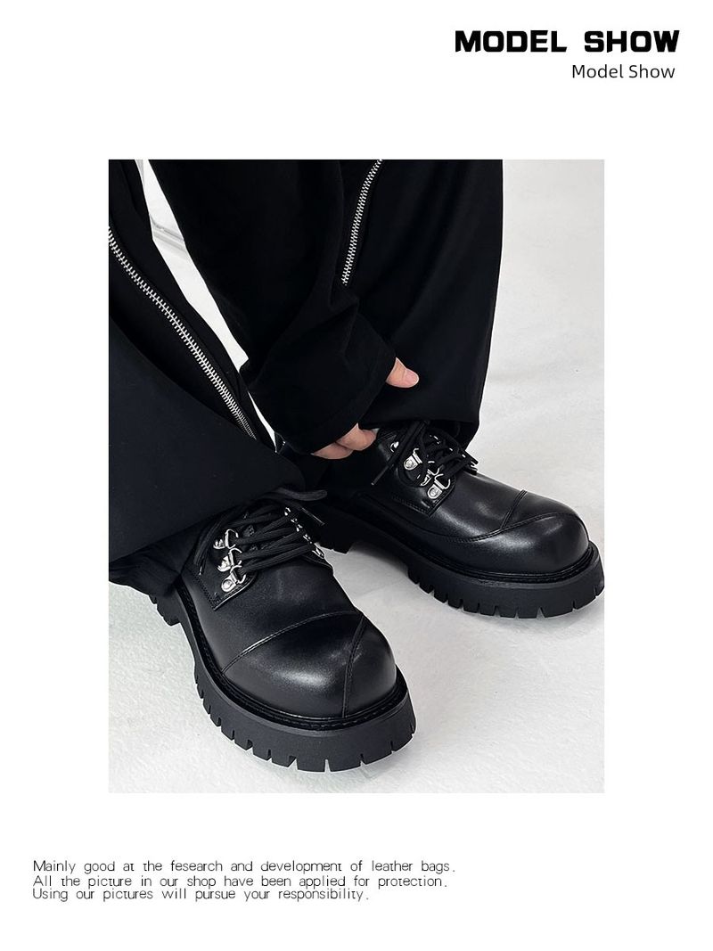 Authentic British Style Round Shoelace Trendy Small Leather W Thick Sole Increased Japanese-Style Retro Black Big Toe_voghion.com