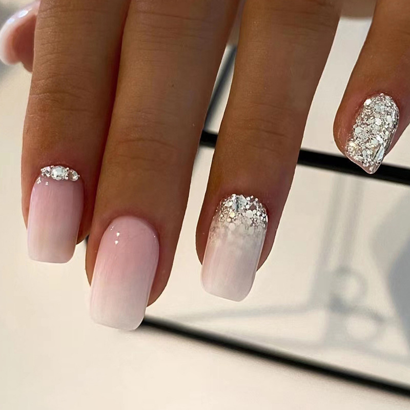 False Ballet 24Pcs Nails Gradient Glitter White Francoski Umetni Nohti Z Lepilom Nosljiva Krsta Pritisnite Na Nohte Ful_voghion.com