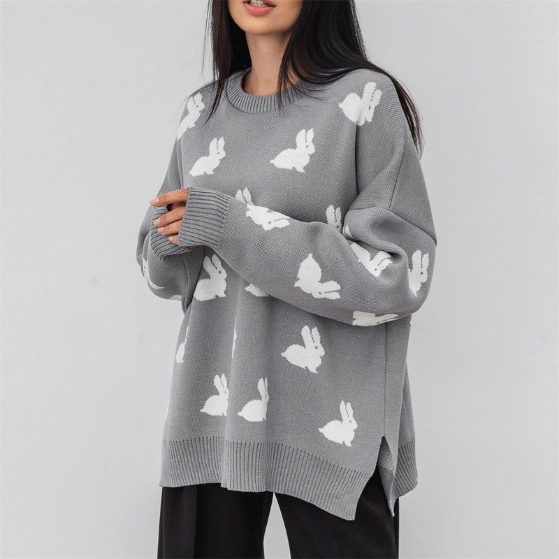 Suéter de cuello redondo con jacquard y cabeza de perro para mujer, nuevo estilo de otoño e invierno, estilo perezoso, suéter holgado, chaqueta_voghion.com