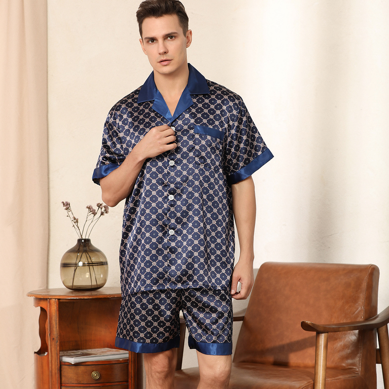 Men's clothing men's summer printed short-sleeved shorts pajamas men's summer silk home clothes men's suit ice silk_voghion.com