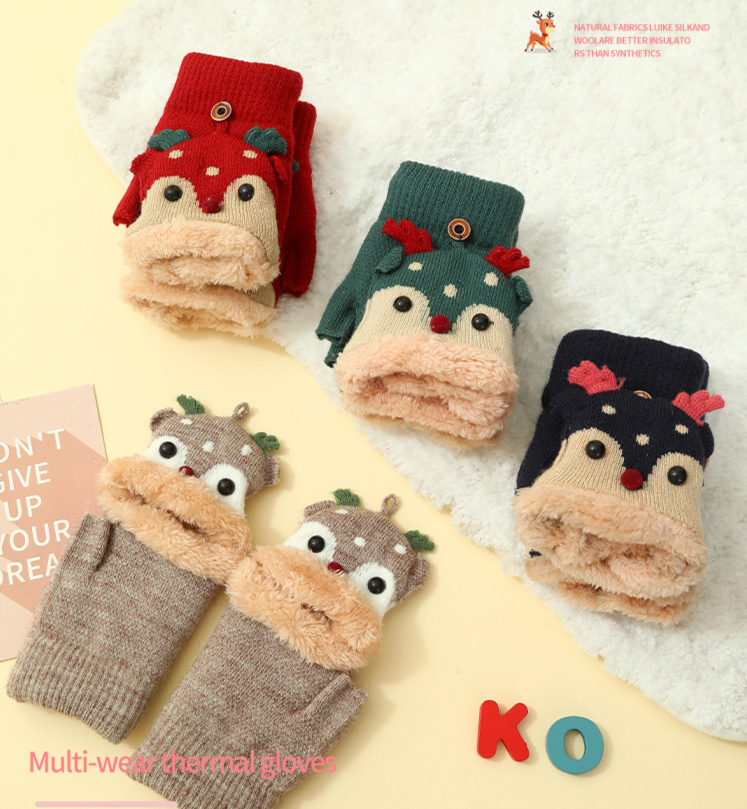Świąteczne skarpetki z łosiem i aksamitnymi grubymi, jesiennymi/zimowymi, ciepłymi, dzianinowymi rękawiczkami dla kobiet, z półpalcami, studenckim pismem odręcznym, z otwartymi palcami i klapkami_voghion.com