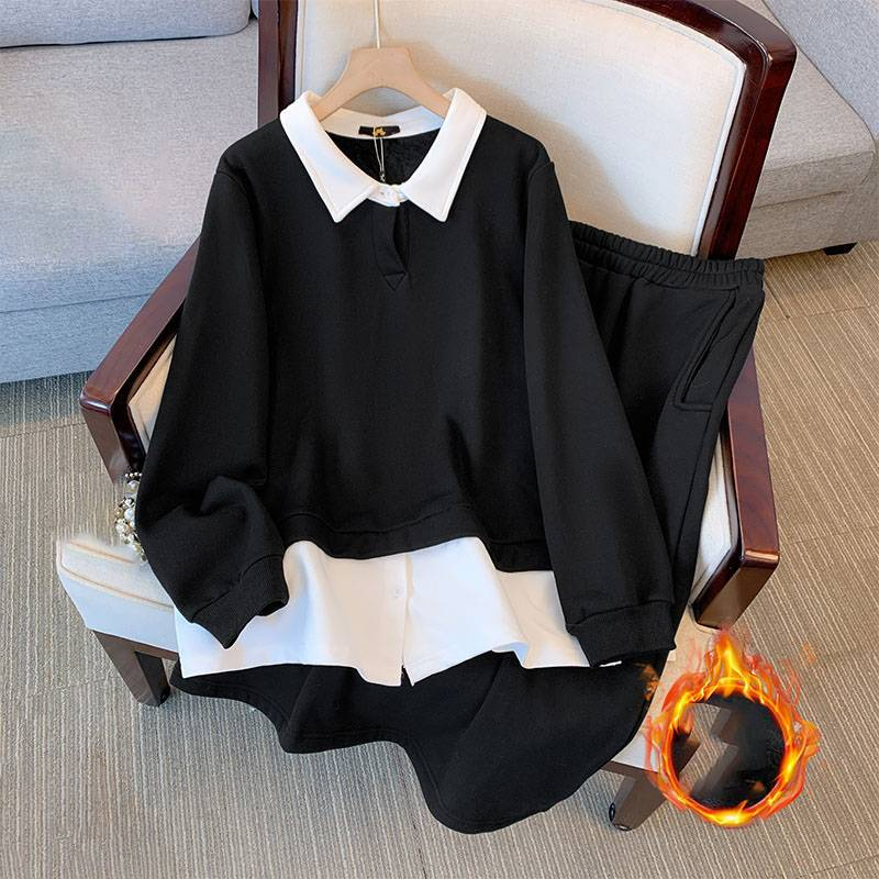Conjunto de dos piezas de chaqueta y falda con empalme de mm y terciopelo grueso para otoño e invierno de talla grande para mujer_voghion.com