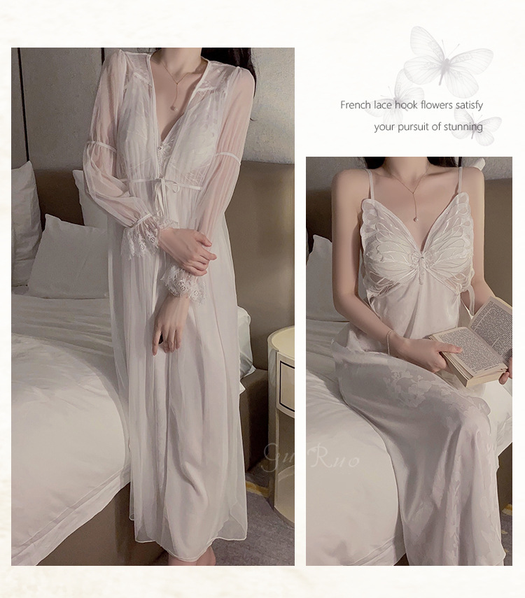 Damenbekleidung Guiruo Langer sexy Pyjama mit Brustpolstern Eisseide geraffter Sling-Nachthemd Mesh-Außenmantel Home-Kleidungsanzug_voghion.com