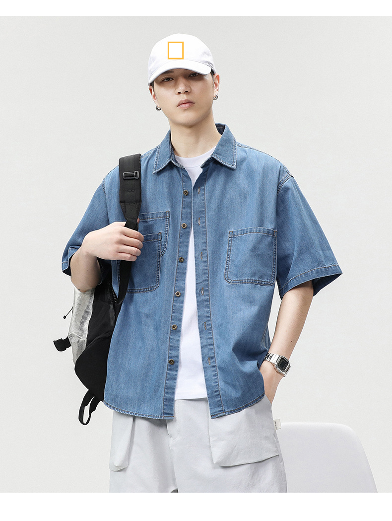 Camicia a maniche corte in denim lavato e largo alla moda da uomo, stile streetwear, camicia a maniche corte_voghion.com