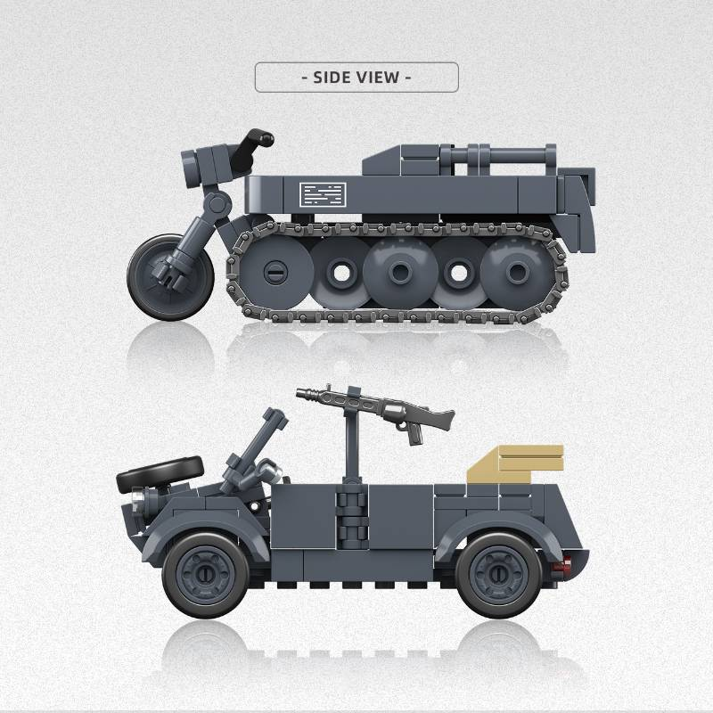 Modelo clássico militar do exército da Segunda Guerra Mundial, tipo 82, Kübelwagen e Sd.Kfz.2, motocicleta de meia-lagarta, brinquedo de bloco de construção_voghion.com