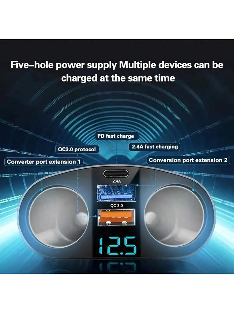 QC3.0 Car Charger Lighter Socket Splitter 12V/24V Dual USB Power Adapter Car Socket 5 Ports For Mobile Phone DVR Charging Type-C_voghion.com