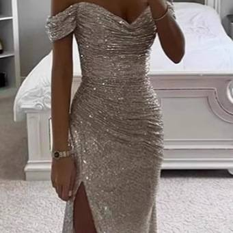 Vestido de noche de mujer nuevo con lentejuelas y un hombro al descubierto, vestido de noche sexy con abertura grande y escote en V_voghion.com