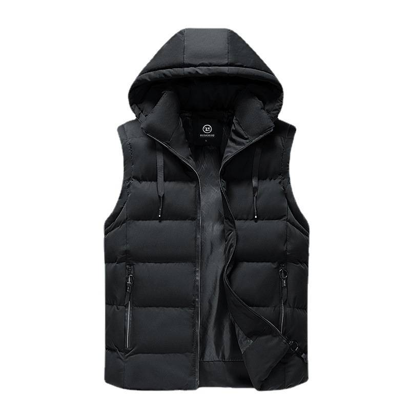 Men's Quilted Puffer Vest – Korean Streetwear Style, Thickened Polyester Fill With Hood & Zipper Pockets (L-5XL, Black/Red/Army Green)_voghion.com