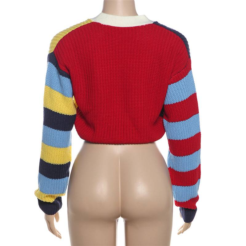 Damski, swobodny, kolorowy sweter z dzianiny z literami i guzikami, krótki rękaw, długi rękaw, modny top w stylu streetwear_voghion.com