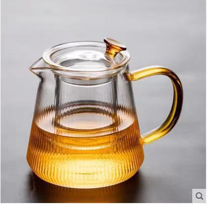 Hand-Painted Striped Glass Teapot With Bamboo Tray - Japanese Minimalist Style Heat-Resistant Tea Brewer (500ml/800ml/1000ml)_voghion.com