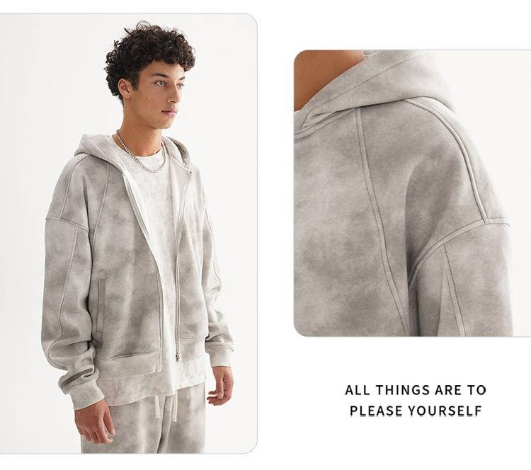 Schwerer Distressed-Fleece-Hoodie mit Reißverschluss für Herren – Streetwear-Pullover mit Vintage-Waschung (Aschgrau, S-XXL)_voghion.com