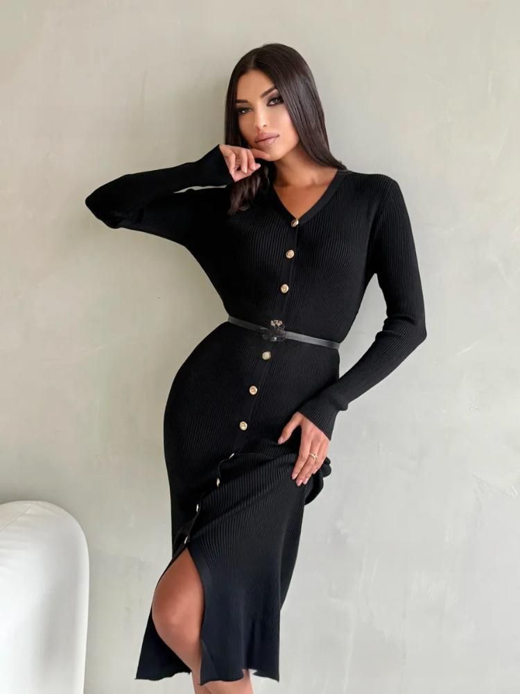 Women's Clothing Elegant V-Neck Long Sleeve Ribbed Knit Dress For Women - Stretchy Polyester, Plus Size, Office & Casual Wear (Available In 6 Colors)_voghion.com