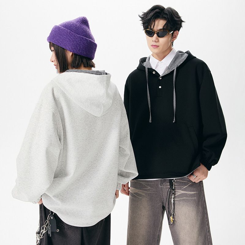 Wendbarer karierter Hoodie – Koreanischer Oversize-Unisex-Reißverschluss vorne mit zwei Trageoptionen, Schwarz und Grau kariert_voghion.com