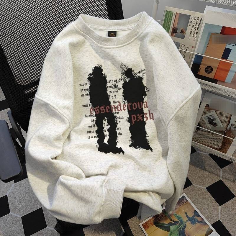 Übergroßes Rundhals-Sweatshirt für Herren – trendiger, bedruckter Freizeitpullover für den Campus und Paare (Weiß/Grau, optional mit Fleecefutter)_voghion.com