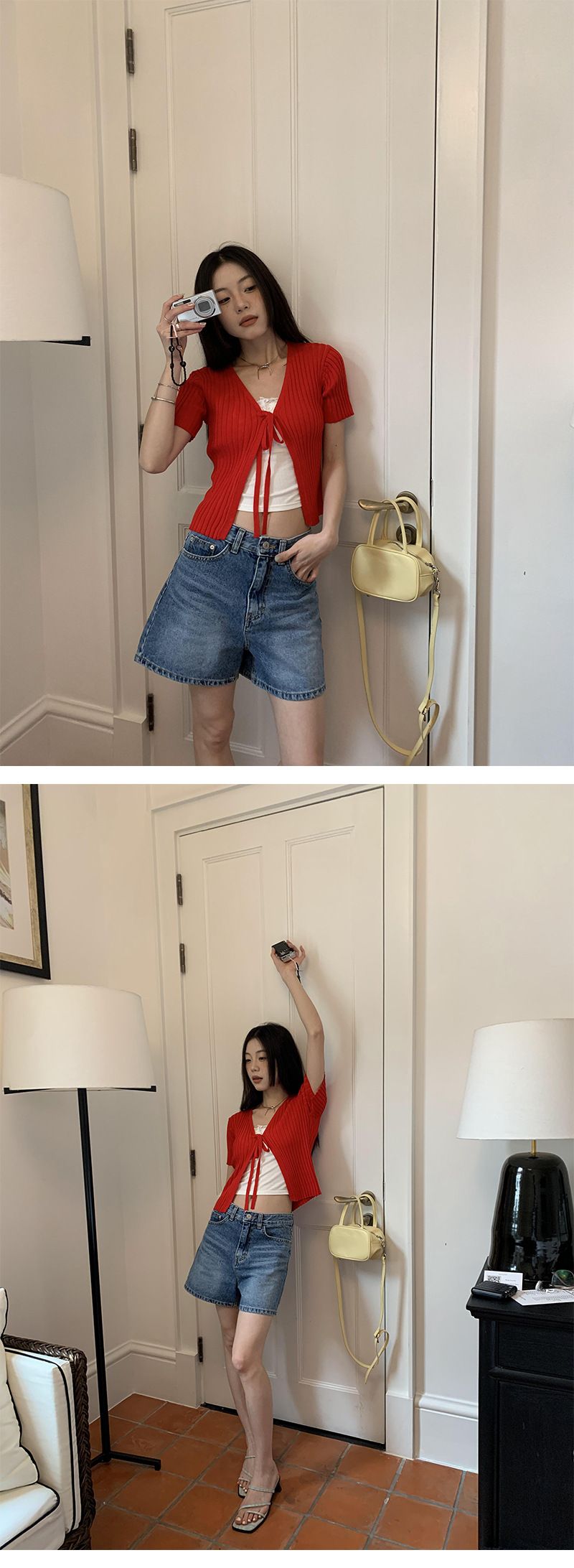 Yuyi New 2024 Summer INS Ribbed V-Neck Tie Knitted Sweater French Short Sleeve Cardigan Stretchy Top Women_voghion.com